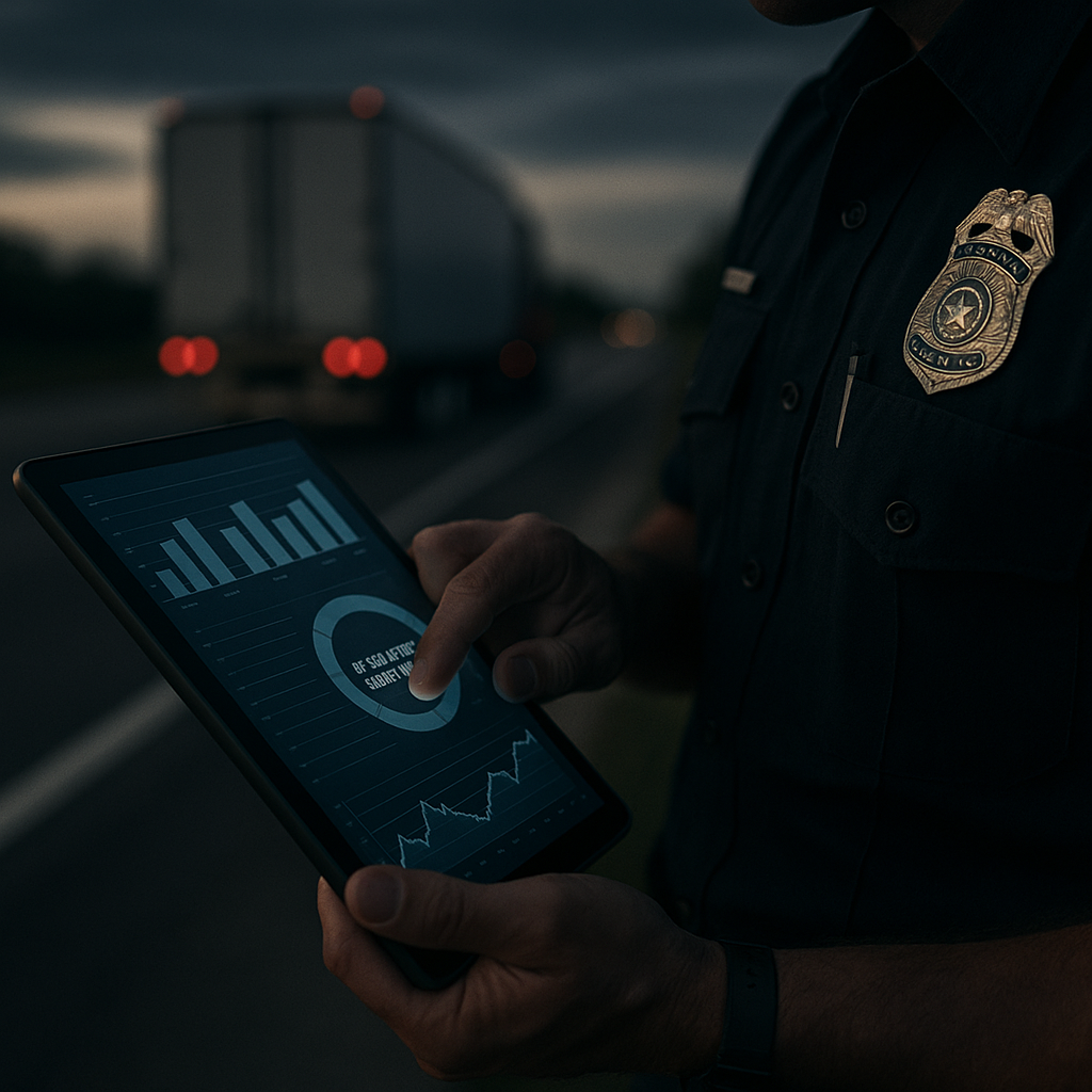 Florida FHP trooper using RegLogic on tablet during roadside inspection